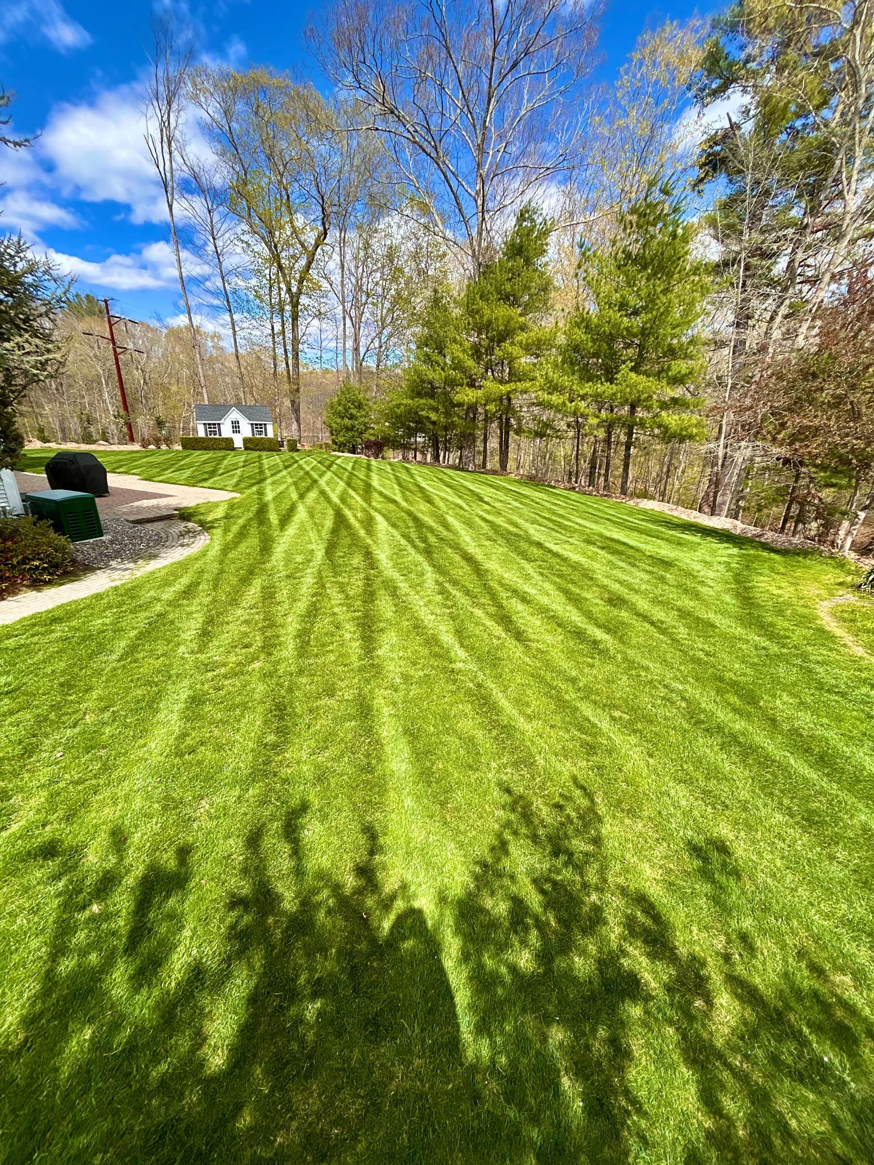 Striped green lawn sloping toward a Madison, CT home after a spring mowing